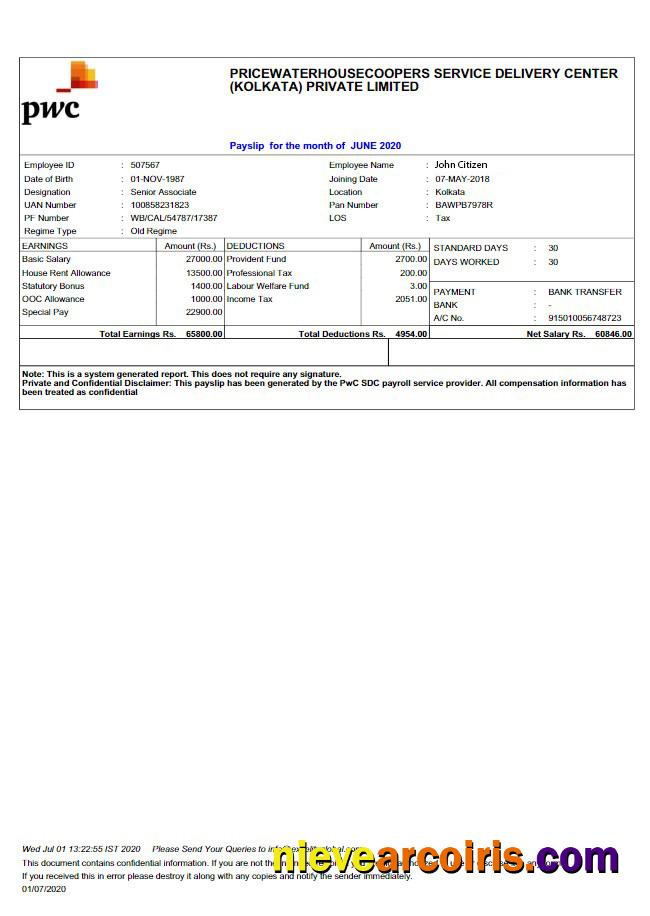 India PRICEWATERHOUSECOOPERS Service Delivery Center (Kolkata) Private limited payslip
